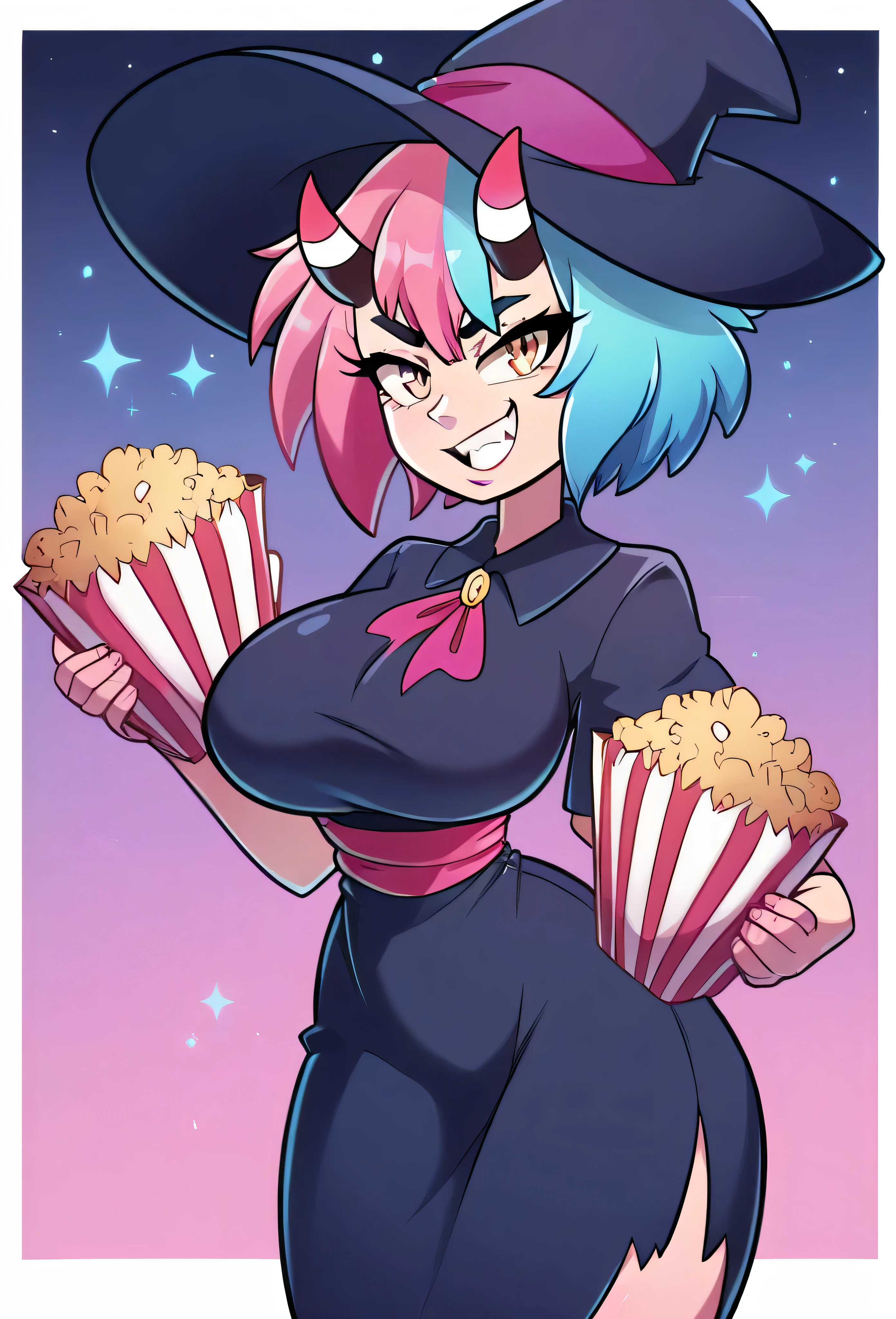 Split dye hair,pink hair,blue hair,oni horns,short hair,big hips,thin waist,smirk,huge breasts,High Resolution, Masterpiece, Accurate, Anatomically Correct, Award Winning, Best Quality, Detail, HD, High Details, High Quality, Quality, Super Detailed,popcorn,witch hat,