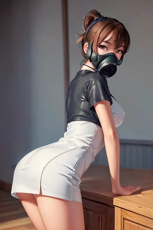 Best Quality)), ((傑Best Quality、masterpiece、High sensitivity、 high definition、 Detailed Description 、 Delicate Face Description )), Slender woman、 low angle、 miniskirt in length、Crouch down、Gas mask、