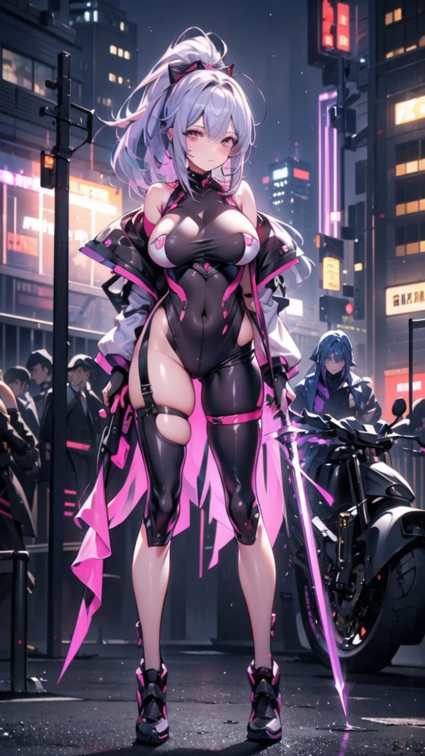 Silver Hair,Purple Hair ,Big Breasts, slender,nsfw , ponytail, ,Scream,8k,High image quality,Brat,  full body rubber suit,I'm holding a beam sword,2girl,Torn rubber suit,Bike,gun,Armor,Future city background,battle