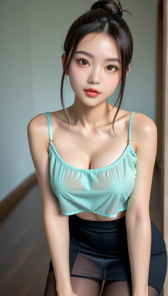 (highest quality, Best quality, masterpiece,) BREAK she has large Breasts, cleavage, (((perky breasts))), (covered nipples), slender waist, BREAK (streaked hair, ) , slender waist, skinny, baby face , east asian, brown eyes , BREAK (((extremely close-up face, looking at viewer, ))), ((1 lady is putting hand on under boobs, hand between legs, she is wearing oversized loose sheer camisole , cropped shoulders, sheer mini skirt, sheer tights, bending over)), 