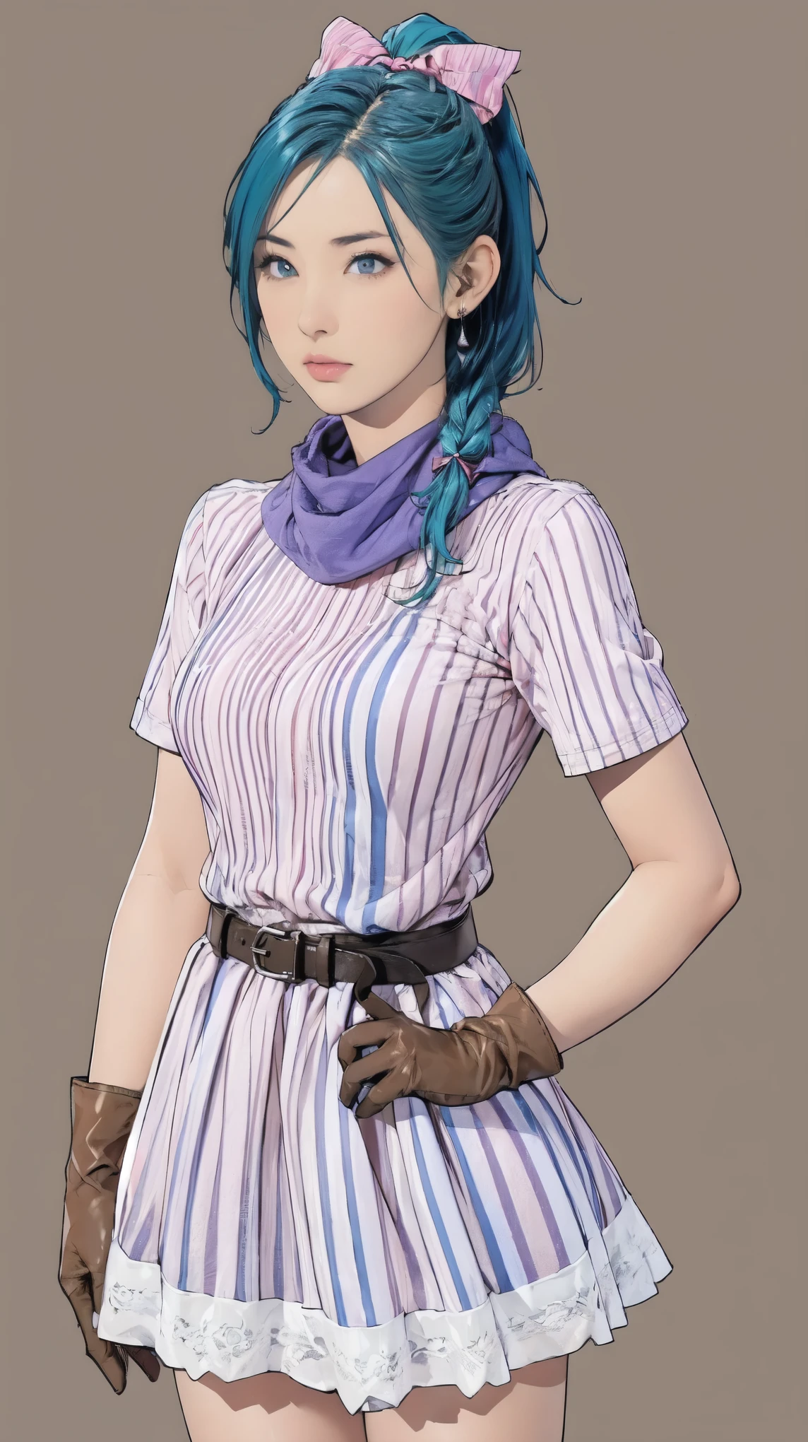 (masterpiece, highest quality), 1 girl, Bloomers, 1 girl, Alone, blue eyes , blue hair, Aqua Hair, single braid, Braided Ponytail, hair ribbon, red ribbon, hair bow, earrings for a woman alone,, Short dress, pink dress, Vertical striped dress, Short sleeve, belt, clothes writing, brown gloves , One-handed gloves, Purple scarf,