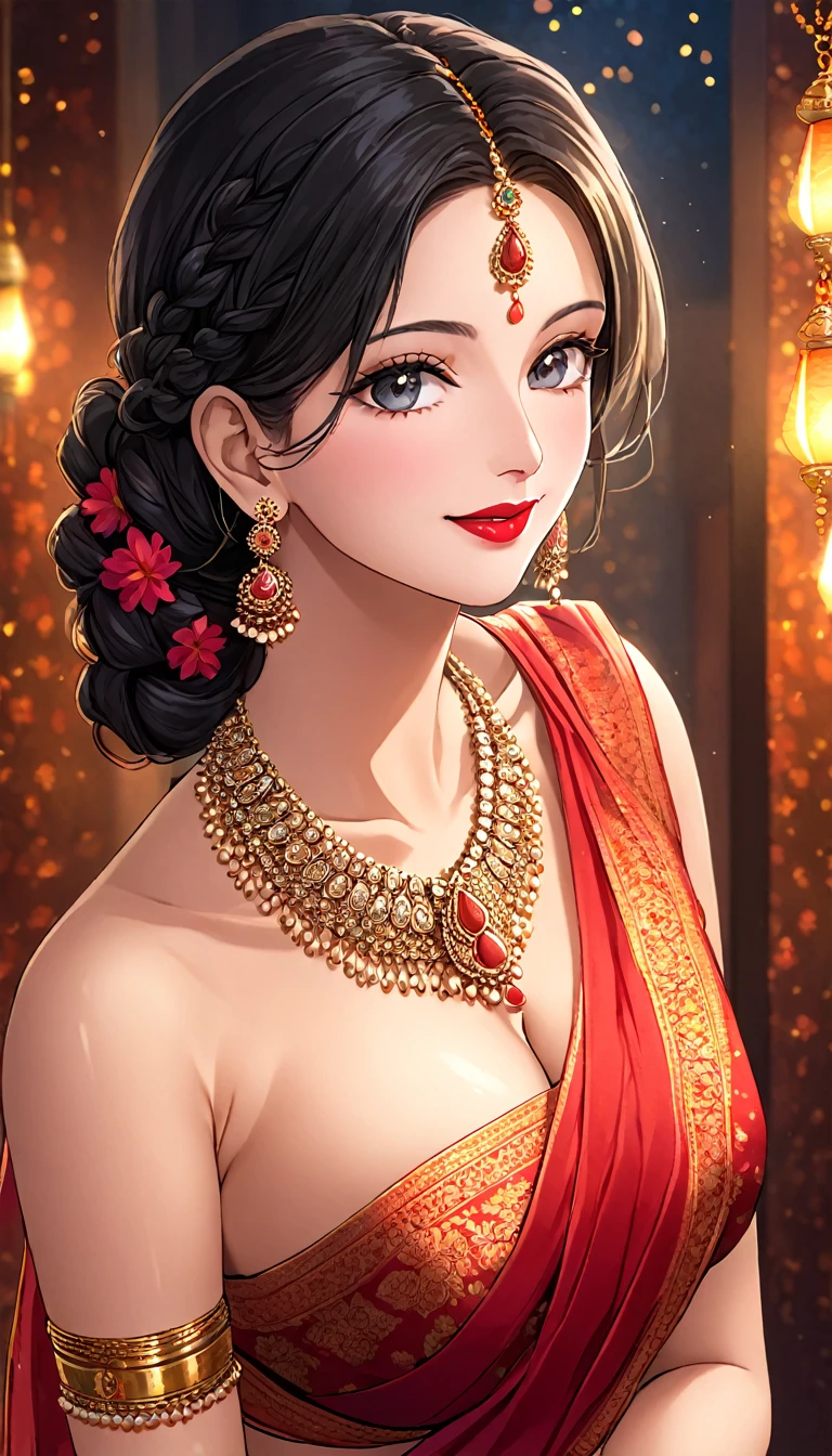 a mature woman , single hair braid, detailed alluring eyes, smooth detailed lips, beautiful face, smiling, red lipstick, navel, bangles, saggy breasts, small cleavage, beautiful floral red saree with intricate patterns, big long jhumka earrings, ),HDR,UHD,studio lighting,ultra-fine painting,sharp focus,physically-based rendering,extreme detail description,professional,vivid colors,bokeh,portraits,chiaroscuro lighting,dramatic lighting,cinematic lighting, celebrating Diwali festival, background house entrance,diwali,manga tikka , jewellery, diamond necklace,gold necklace,silver chain, bangles,silver bangles,rings, wedding ring,nail polish,makeup eyeshadow 