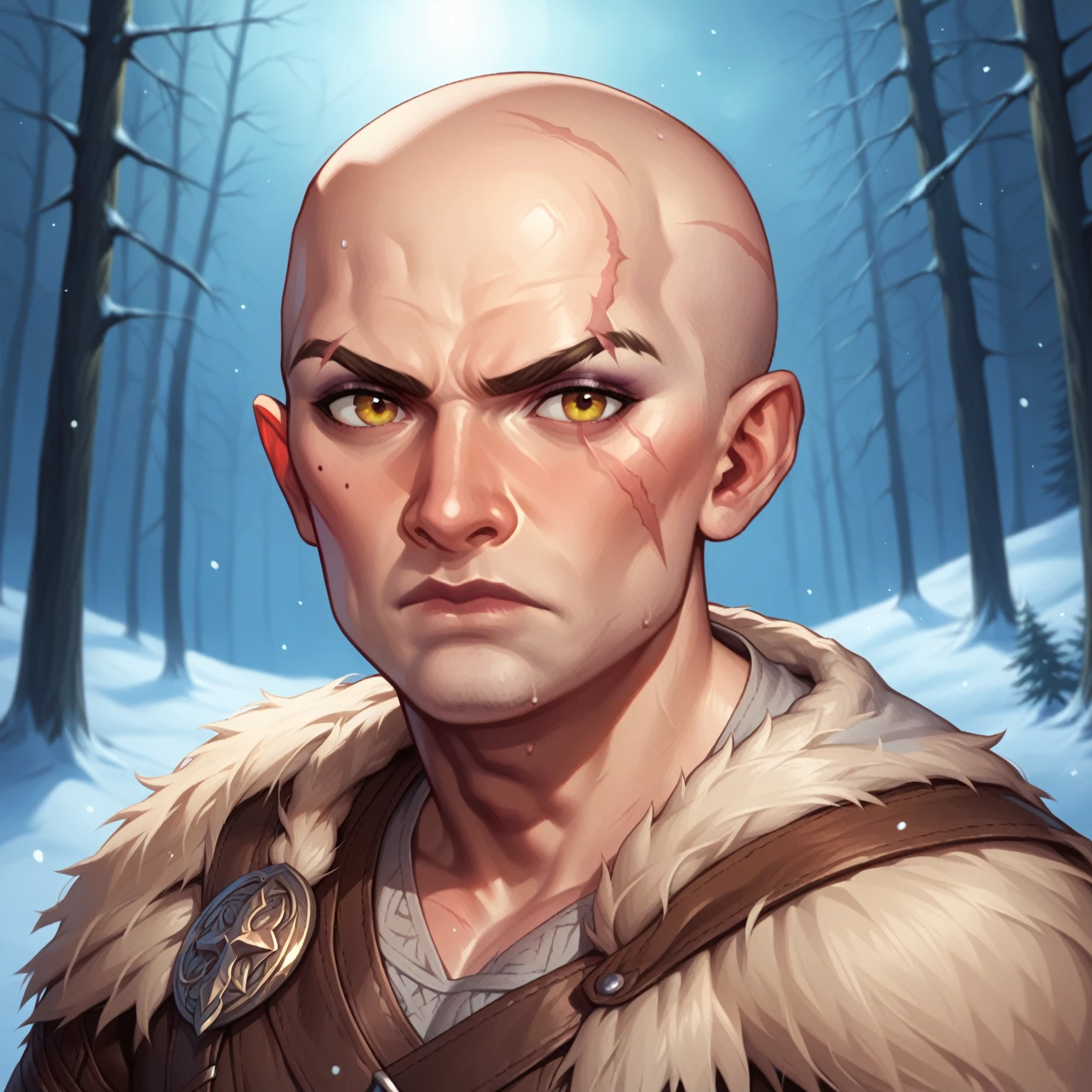 (((beautiful, high quality, comics style, detailed face))), score_9, score_8_up, score_7_up, BREAK, 1man, mature man, short, stocky, completely bald, scar on head, grumpy expression, banned leather, viking, solo, portrait, upper body, portrait, at night, snow forest background, fantasy, (dynamic lighting:1.1) ((masterpiece))