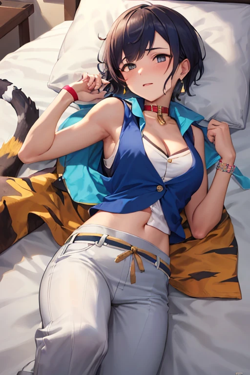 ( masterpiece , la mejor calidad), Tigress, 2 girls, lesbians, earrings, arabic clothing,  white shirt , blue vest, white pants,  loose pants , red sash,  bare shoulders , sleeveless,  cleavage , yellow choker, wristband, collar,  full body , in bed,  sleeps on her bed on her back