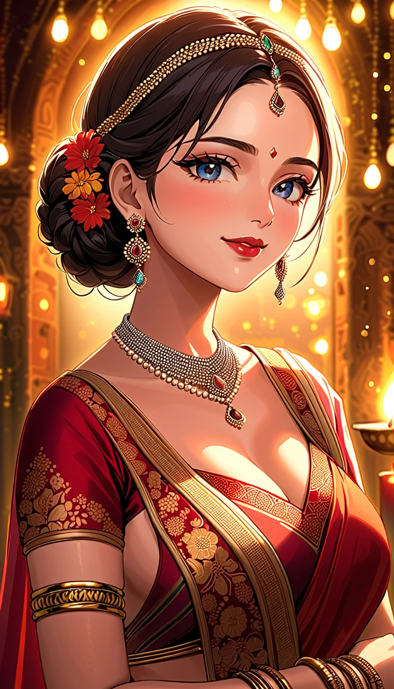 a mature woman , single hair braid, detailed alluring eyes, smooth detailed lips, beautiful face, smiling, red lipstick, navel, bangles, saggy breasts, small cleavage, beautiful floral silver saree with intricate patterns, big long jhumka earrings, ),HDR,UHD,studio lighting,ultra-fine painting,sharp focus,physically-based rendering,extreme detail description,professional,vivid colors,bokeh,portraits,chiaroscuro lighting,dramatic lighting,cinematic lighting, celebrating Diwali festival, background house entrance,diwali,manga tikka , jewellery, diamond necklace,gold necklace,silver chain, bangles,silver bangles,rings, wedding ring,nail polish,makeup eyeshadow 