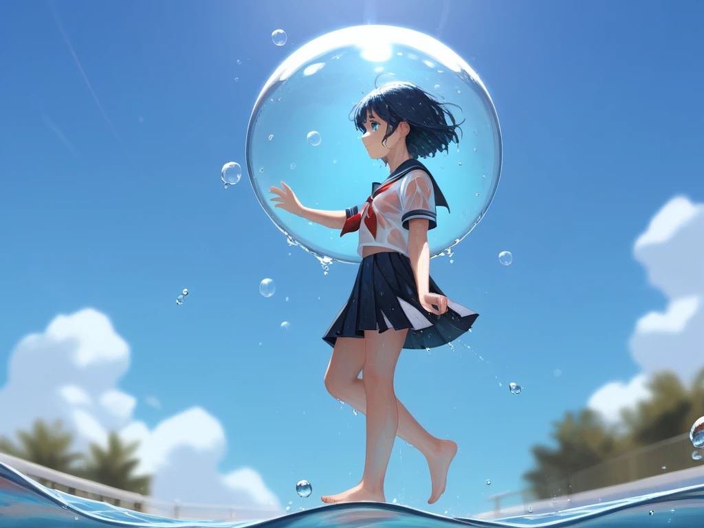 (Masterpiece, best picture quality),girl,gem_uniform_(houseki_no_kuni),skirt_lift,((colorful bubble)),(floating),detailed light,