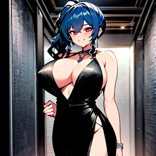  Women Living in Big Cities , At night, The ,  floor puddles are reflected around her with perfect lighting,  black dress,  big breasts at the temple,  blue hair,   ponytail hair , smile, Perfect quality,  super resolution, masterpiece,   futuristic elevator's elaborate  , 4K HD
