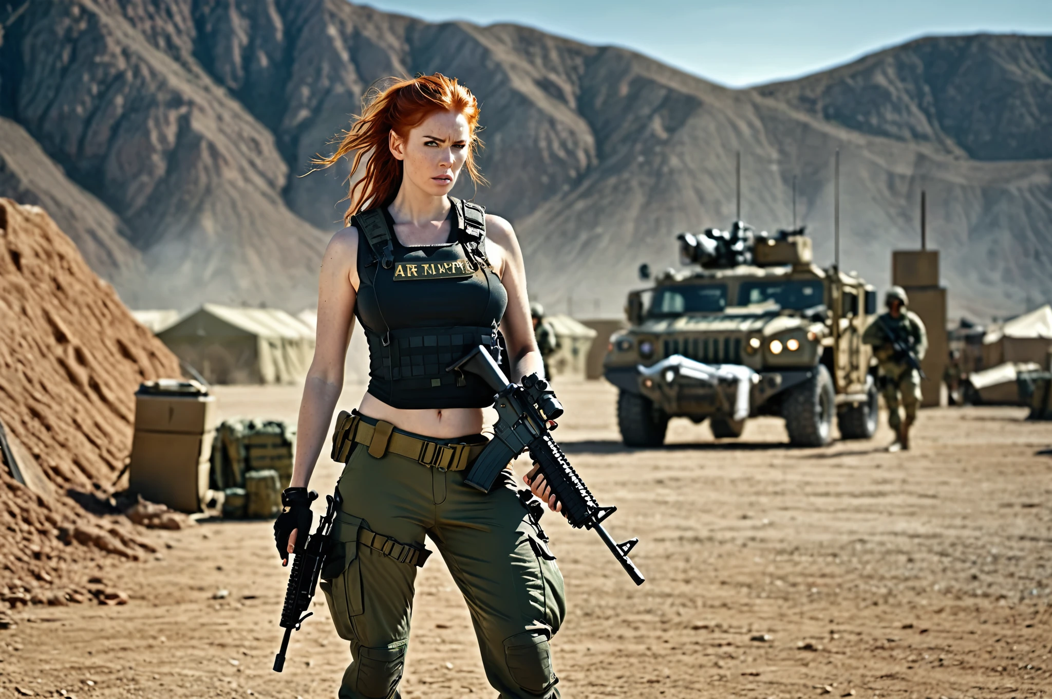 high quality picture, 8k portrayal, 30yo redhead woman, long messy hair, detailed angry face, (intricate details), dressed in military tactical apparel, (cleavage breasts), plunging neckline, ((huge round breasts)), ((highly detailed)). Holding an AR 15 Assault rifle on hands, posing, fierce standing outside a military base camp on sunny day, detailed surroundings, Movie Still, epic background, Film Still, Cinematic Shot, Cinematic Lighting, dramatic lighting, (beautiful legs), HDR enhancement, ultra fine texture.

