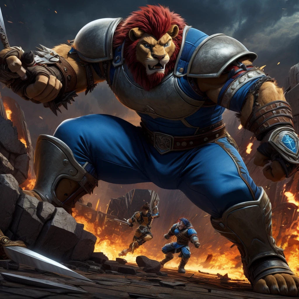 cartoon,best quality, masterpiece, detailed, lion-oQuiron character, 1boy, red hair, rampage, blue outfit, using sword, fight, action pose,