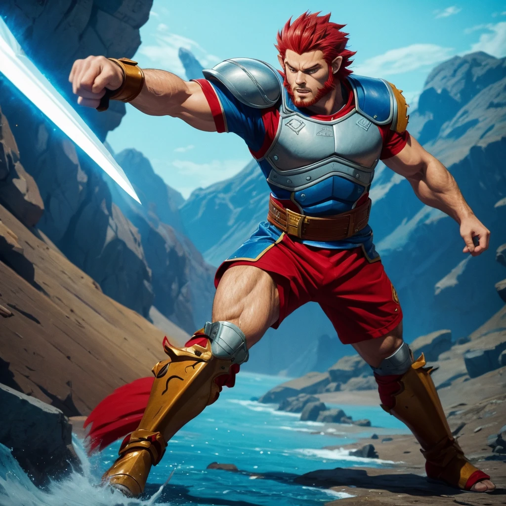 cartoon,best quality, masterpiece, detailed, lion-oQuiron character, 1boy, red hair, rampage, blue outfit, using sword, fight, action pose,