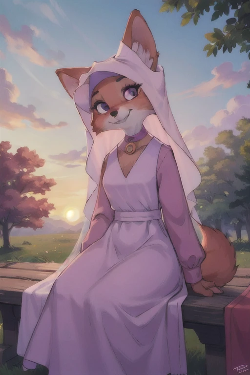 Maid Marian 　 s, Fox Girl,  animal ears ,  BLACK EYES , Animal Nose,  Orange Fur , tooth, Tail,Veil,purple deep v-neck dress,  Long Sleeve , choker,  staring at the viewer , smile,  at dawn, On the bench, Blue Sky,   high quality, 