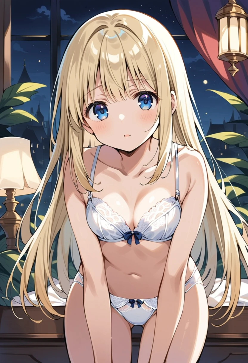 High Resolution, Best Quality, Slender Beautiful Girl, White Swimsuit, Do Not Blush, Club Room, Blonde, Short Cut, Kiss