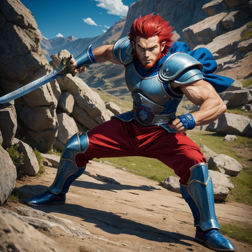 cartoon,best quality, masterpiece, detailed, lion-oQuiron character, 1boy, red hair, rampage, blue outfit, using sword, fight, action pose,