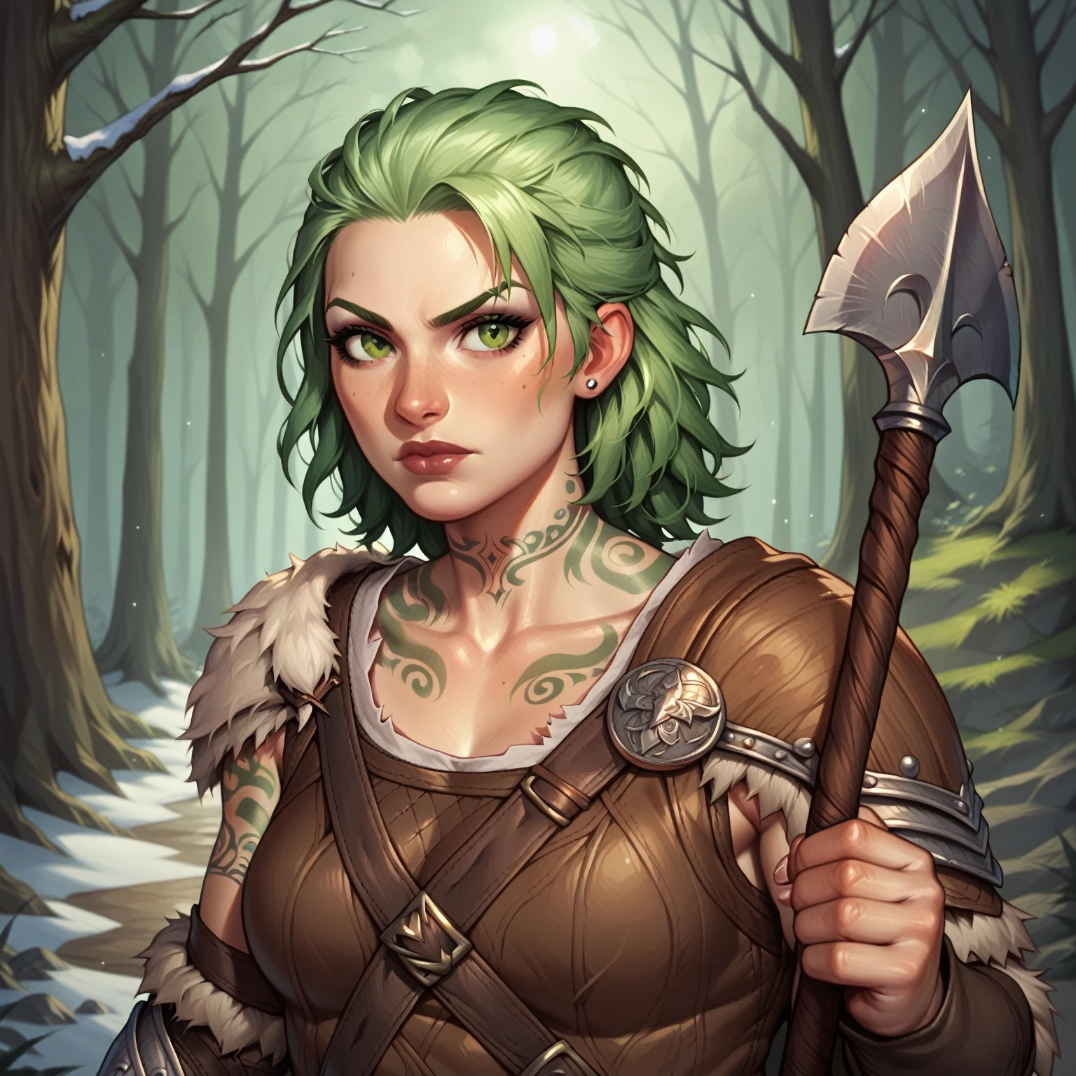 (((beautiful, high quality, comics style, detailed face))), score_9, score_8_up, score_7_up, BREAK, 1woman, tall, slender, short straw hair:1.2, green tattoos, tentacles tattoos, neck tattoos, viking, scale mail armor, has a wooden shield and a spear, solo, portrait, upper body, portrait, serious expression, at night, snow forest background, fantasy, (dynamic lighting:1.1) ((masterpiece))