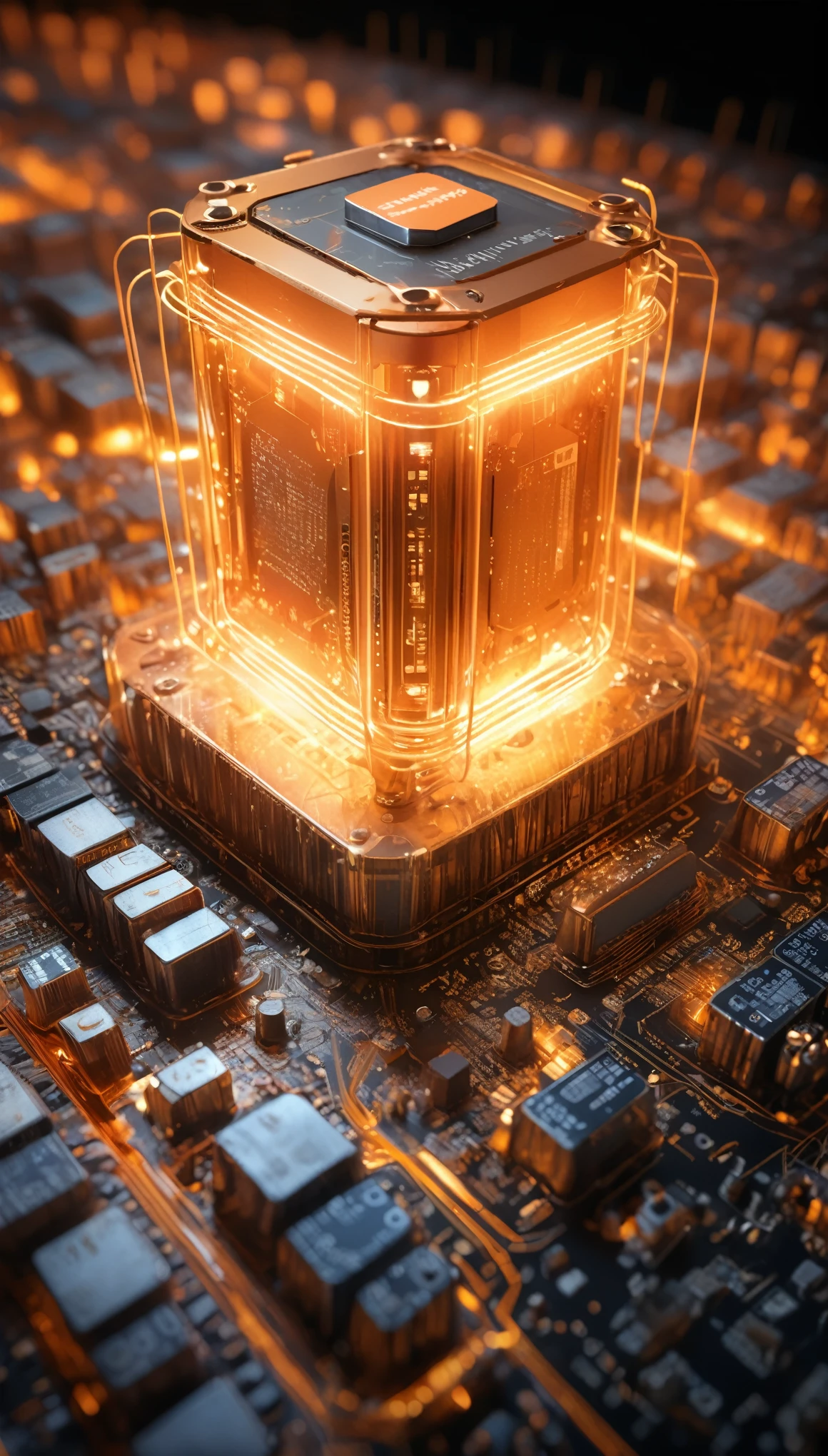 Orange,chip,Product Close-up,Photography Close-up,Rendering,C4D,High-speed flow,3d,Ultra-high-definition texture details,Large Scale Integrated Circuit,Large-scale CPU cluster,Network communication,Data Flow,Special Effects,(The light lines converge towards the center:1.5),container_architecture