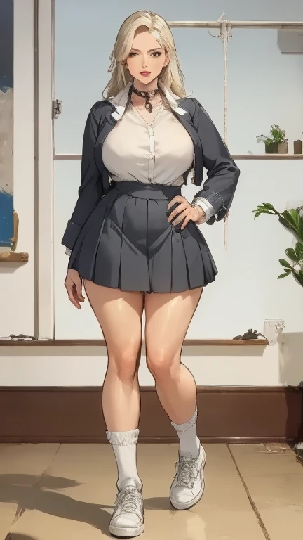 1girl, mature woman, long silky blonde hair, beautiful detailed blue eyes, beautiful detailed thin lips, round face, medium bust, wide hips, thick thighs, black coat with collar and buttons, long white button-up shirt, gray necktie, pleated skirt, striped knee-high socks, red Queen system sneakers, standing in university dean's office, looking directly at viewer, (best quality,4k,8k,highres,masterpiece:1.2),ultra-detailed,(realistic,photorealistic,photo-realistic:1.37),HDR,UHD,studio lighting,ultra-fine painting,sharp focus,physically-based rendering,extreme detail description,professional,vivid colors,bokeh,portrait,photography