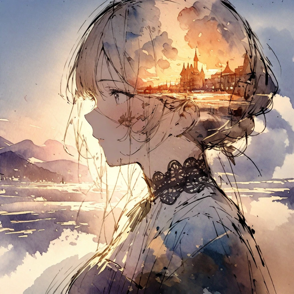 ((sketch:1.5)), ((watercolor:1)), Double Exposure of a Beautiful and Delicate Woman (The face is clear and perfect)image，Background、 Perfect Ultra Detailed Victorian Scenery , beautiful,  complicated illustration,  Artwork Concept Artwork, break,(Life Is Created In Your Head ),