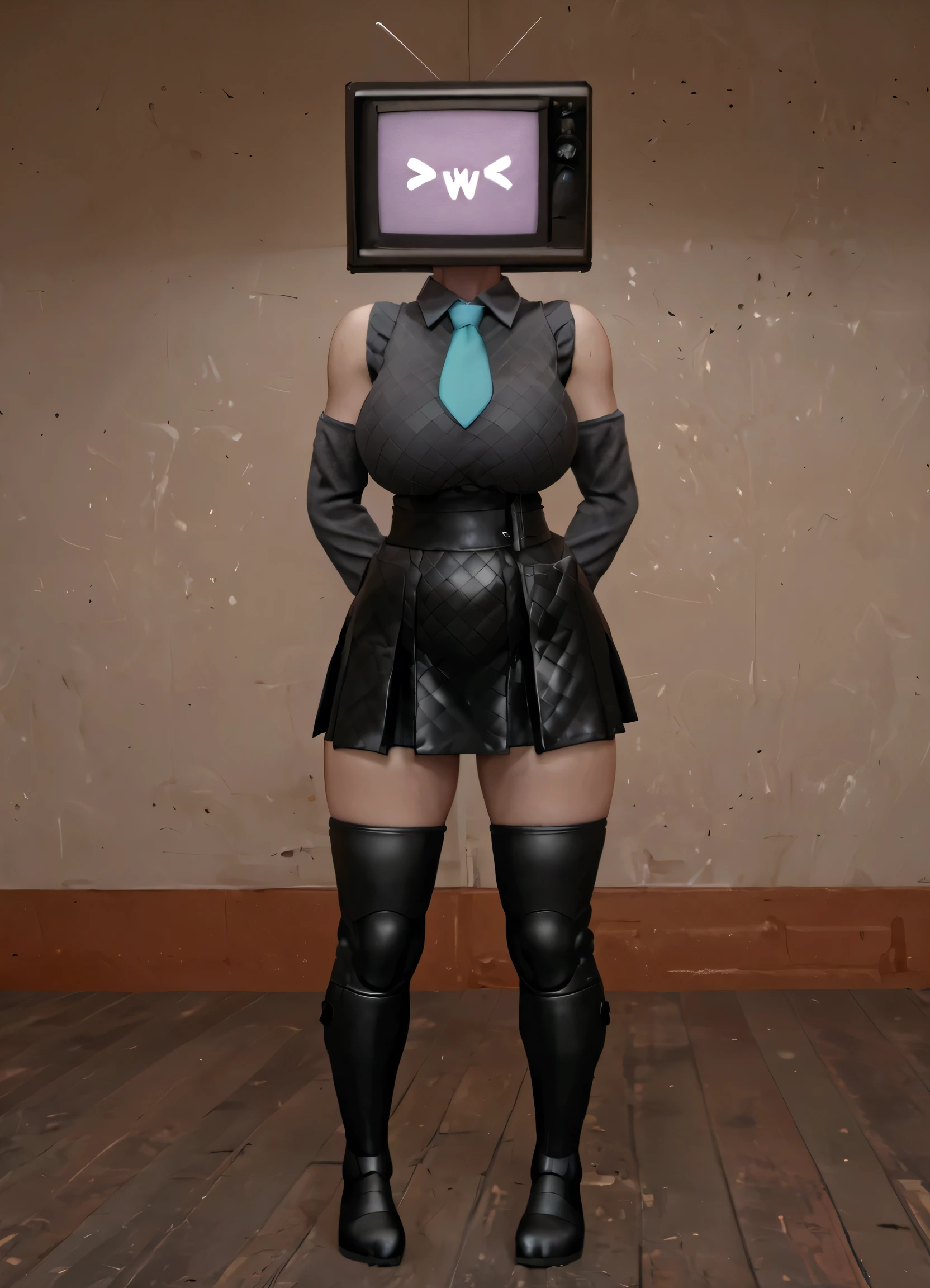 ((masterpiece, best quality)), (8k, best quality), (((best quality))), 1girl, solo, white skin, humanoid Tv woman, TV head with a glowing purple screen, human body, hatsunemikucosplay, black gloves, robot girl, tvwoman, tv head, robot girl, tvwoman, tv head, score_9, score_8_up, score_7_up, score_6_up, score_5_up, score_4_up, ( anime_source ), TV head with a glowing purple screen, >w< expression, tight-fitting, athletic build, thick thighs, toned body, strong legs, defined hips, black and white jumpsuit with blue ballerinas, tight-fitting, TV head, sexy, dynamic pose, standing, curvy body, huge breasts, thick thighs, wide hips, good waist, single, big breasts, thick thighs, good waist, wide hips, good quality, sexy, robot girl, tvwoman, hatsunemikucosplay, aqua necktie, black footwear, black skirt, black sleeves, boots, collared shirt, detached sleeves, grey shirt, necktie, pleated skirt, sleeveless shirt, thigh boots, tie clip, 