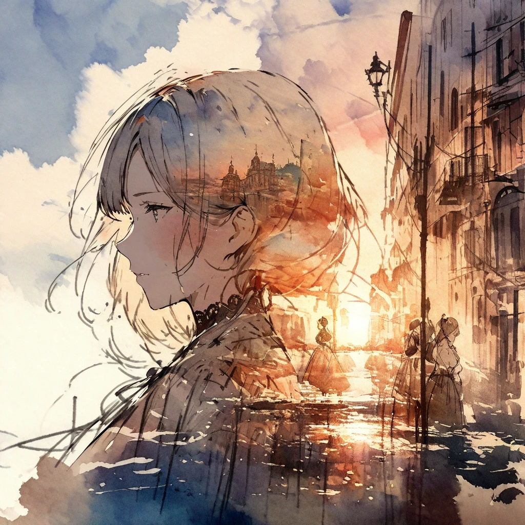 ((sketch:1.5)), ((watercolor:1)), Double Exposure of a Beautiful and Delicate Woman (The face is clear and perfect)image，Background、 Perfect Ultra Detailed Victorian Scenery , beautiful,  complicated illustration,  Artwork Concept Artwork, break,(Life Is Created In Your Head ),