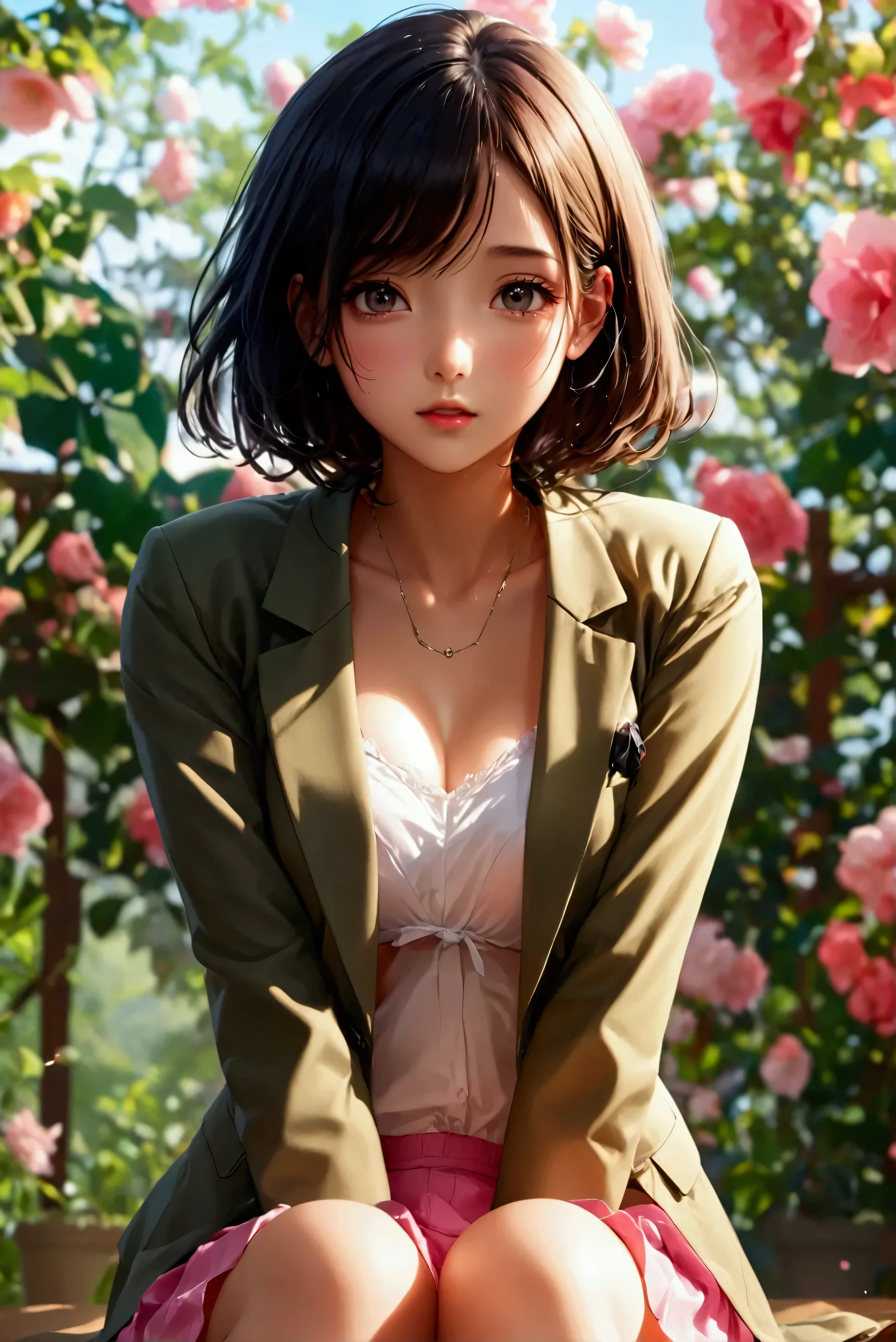 Hyperreal, masterpiece, garden、Khaki blazer、(open chest:1.2), white bra, lift up skirt,  check skirt in a sleeping position, High school girl 、short bob, 18 years old、 PERFECT BODY 、165cm、 (Open legs:1.5、 pink panties  、Twilight Sky、 Cinematic Light 、、a-face 、From below, masterpiece,   high quality,　Front View, (nsfw:1.2), 