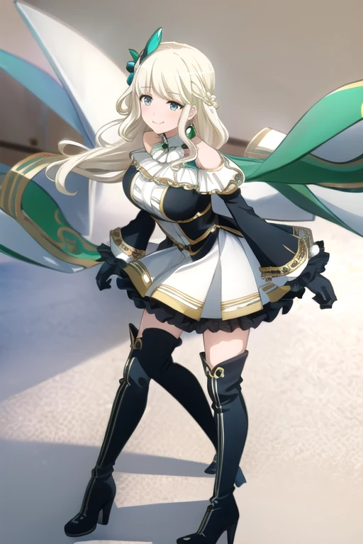 ((Best Quality)), ((masterpiece)), (  Details),   1 girl, Light Blonde,  emerald green_eye, Long Hair, smile,  blanking, Big Breasts,Gloves, black Gloves, white Gloves, asymmetrical Gloves, mismatched Gloves, Separated Sleeve ,  puff sleeves, Short sleeve,  long sleeve , Asymmetrical sleeves , asymmetrical sleeve , ribbon, Bare Shoulder,  Off Shoulder Dress,  black dress, Frill dress,  center frill , Knee-high boots, Asymmetrical footwear,  Mismatched Footwear, standing 