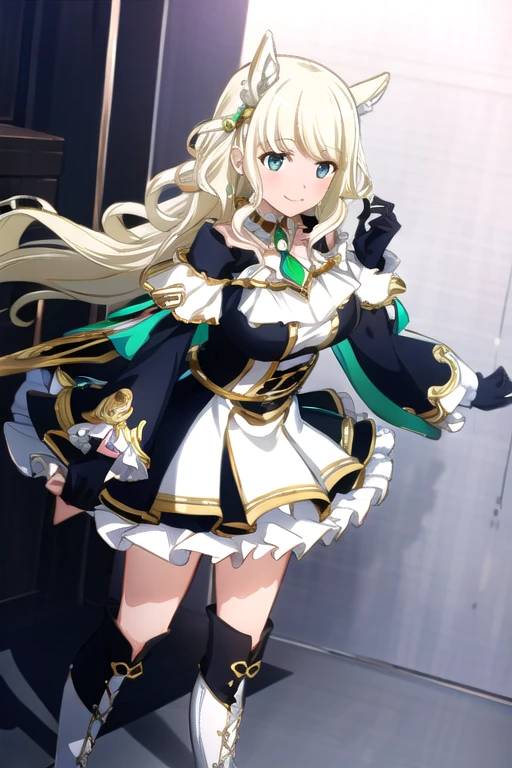 ((Best Quality)), ((masterpiece)), (  Details),   1 girl, Light Blonde,  emerald green_eye, Long Hair, smile,  blanking, Big Breasts,Gloves, black Gloves, white Gloves, asymmetrical Gloves, mismatched Gloves, Separated Sleeve ,  puff sleeves, Short sleeve,  long sleeve , Asymmetrical sleeves , asymmetrical sleeve , ribbon, Bare Shoulder,  Off Shoulder Dress,  black dress, Frill dress,  center frill , Knee-high boots, Asymmetrical footwear,  Mismatched Footwear, standing 