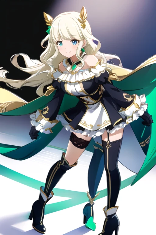 ((Best Quality)), ((masterpiece)), (  Details),   1 girl, Light Blonde,  emerald green_eye, Long Hair, smile,  blanking, Big Breasts,Gloves, black Gloves, white Gloves, asymmetrical Gloves, mismatched Gloves, Separated Sleeve ,  puff sleeves, Short sleeve,  long sleeve , Asymmetrical sleeves , asymmetrical sleeve , ribbon, Bare Shoulder,  Off Shoulder Dress,  black dress, Frill dress,  center frill , Knee-high boots, Asymmetrical footwear,  Mismatched Footwear, standing 