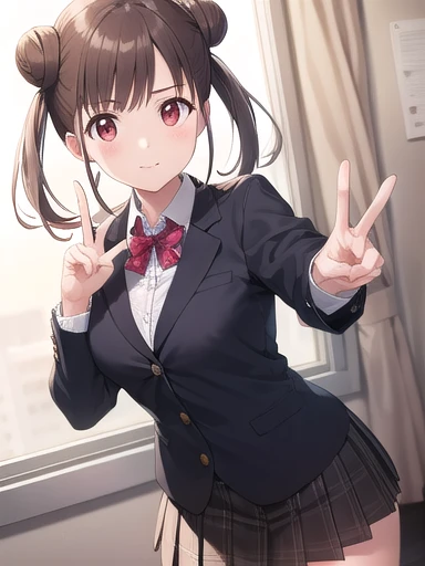 What I really want, Chiyoko Sonoda,  1 girl, Brown Hair, (red eyes:1.5), Hair Bun, Long Hair, double bun hairstyle,  side lock,
break brown skirt, button,  collared shirt, Dress shirt, miniskirt, Check pattern, Check pattern skirt, pleated skirt, ribbon, Take off,  Open Shirt , skirt, Opened the shirt, Adult Bras,  pink lace bra ,
break indoors, classroom,
break looking at viewer,  cowboy shot,
break (masterpiece:1.2), Best Quality,  high definition,   unity 8K wallpaper , (shape:0.8), ( Attention to beautiful details with the peace sign pointing down:1.6),  high-definition face , perfect lighting, High-definition CG, (Perfect hands,  COMPLETE ANATOMY), big Breasts, big ,:1.4.  emphasizes the chest,  blanking,  Shy expression , shame, 