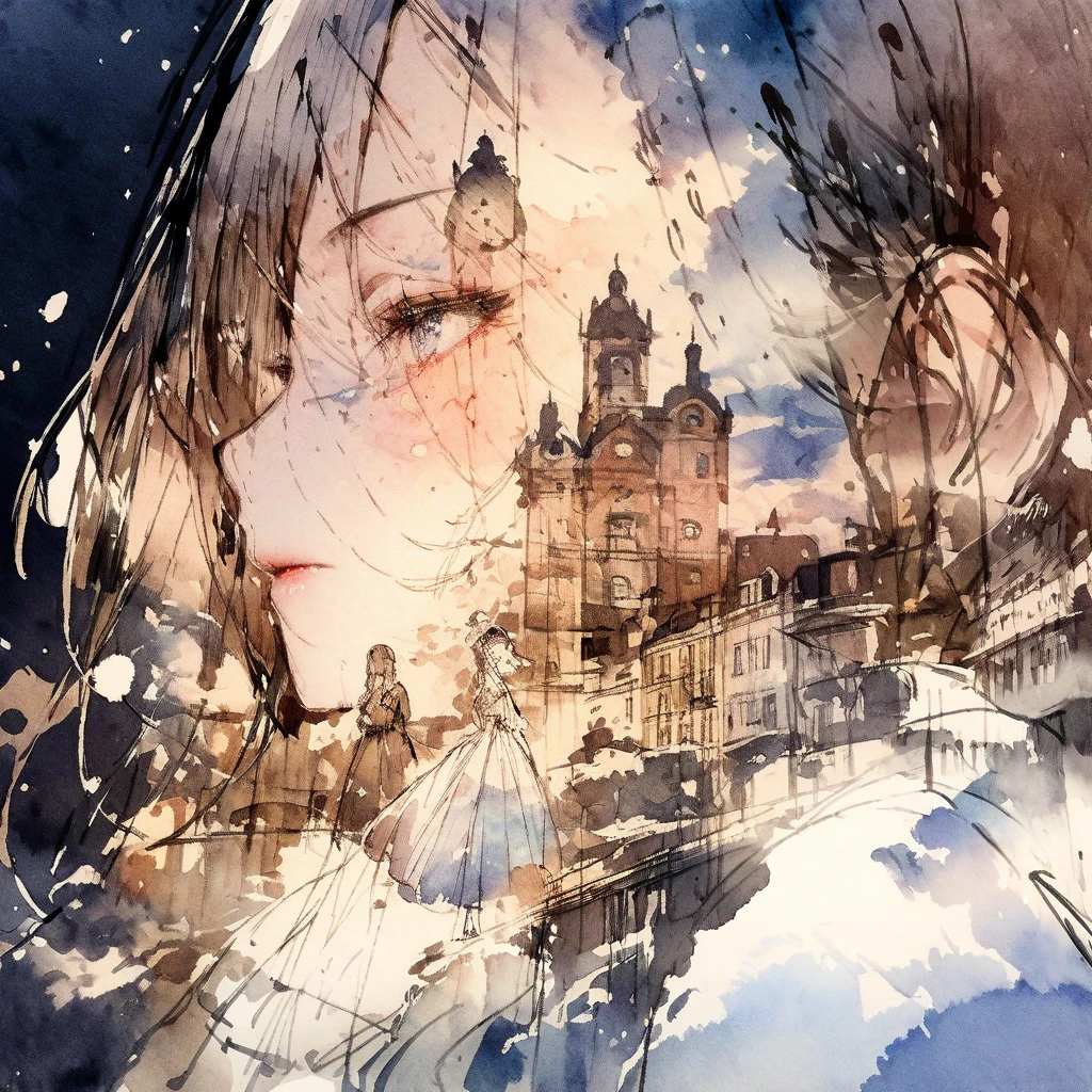 ((sketch:1.5)), ((watercolor:1)), Double Exposure of a Beautiful and Delicate Woman (The face is clear and perfect)image，Background、 Perfect Ultra Detailed Victorian Scenery , beautiful,  complicated illustration,  Artwork Concept Artwork, break,(Great people weren't born good),