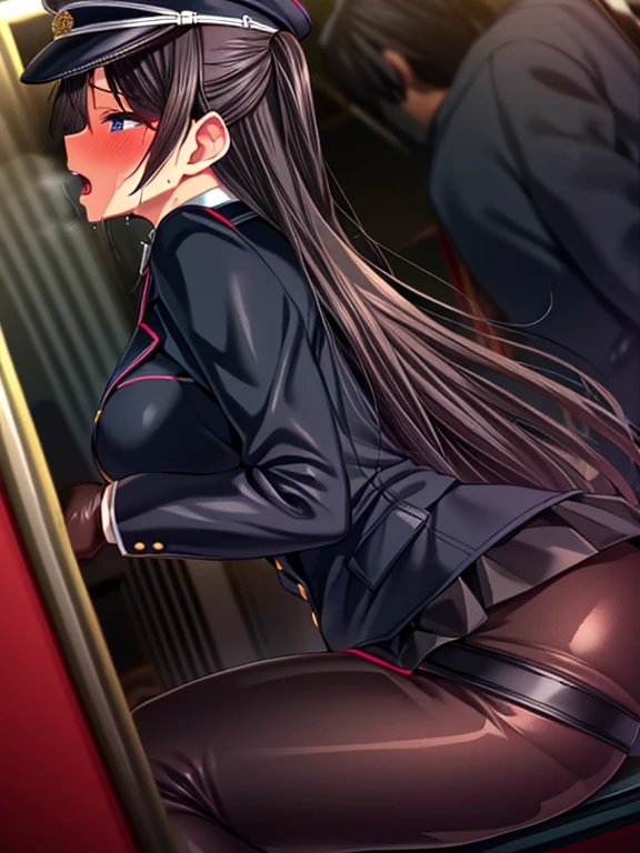 (from side pov, looking at viewer:1.3), multiple, cowboy shot, 1woman, Kurotaki Rin, black police hat, blue eyes, (collar:1.3), big breasts, (jacket, long sleeves, black blazer:1.1), (black skirt, tight miniskirt:1.1), (shirt, dress shirt, white shirt), break pantyhose, (standing, open legs:1.3), nsfw, (vulgarity:1.3), (fucked silly:1.3), (steam:1.3), (wet:0.9), (trembling:1.3), (tears:0.9), (drooling:1.3), (sweat:1.3), (orgasm:1.4), (inside train:1.4), (midnight:1.2), (crowds background:1.4), (hyper extreme detailed), (masterpiece), (hyper extreme), (photorealistic), CG, (colour:1.2)