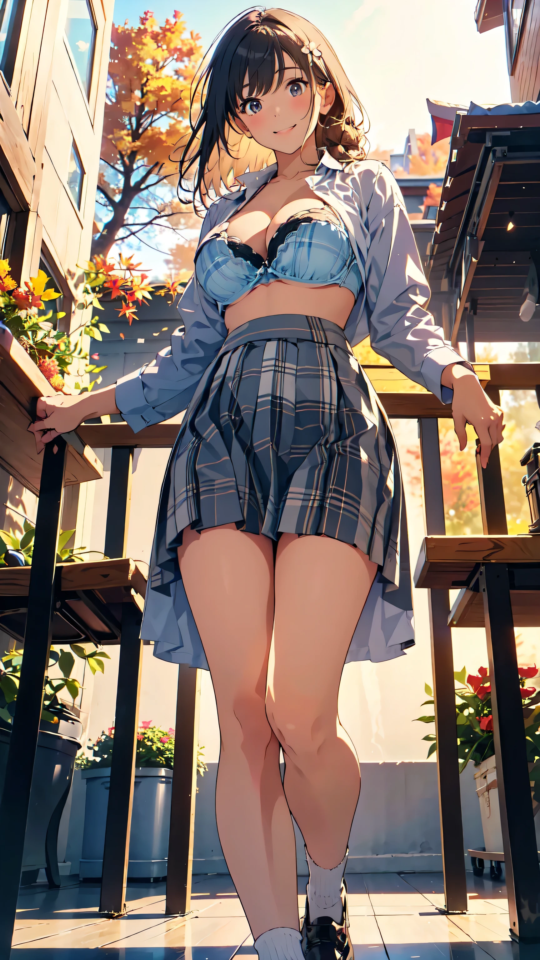 Very Cute and Beautiful Adult Women ,23 years old, OL, (( Casual Linen Shirts , Open Button Shirts , Full Open Button , Cute Real Bra )), Droopy eyes, Beautiful legs, model body type, Natural Large Breasts :1.5, ( very detailed 美しい顔), (smile), Black Hair , semi-long , Seraphim,( Long Sleeve Plaid Linen Shirts , Long skirt), Women in White Blouses and Tight Skirts , stroll, (From below),(stripes々 panties, random color), (Best Quality,masterpiece:1.0), absurd, kampala,Super detailed, very detailed ,32K,8k resolution, intricate detail,Movie Scene, detailed background,Alone, Dynamic Angle, autumn leaves, autumn leavesした落ち葉, garden, autumn leavesした木々, Autumn breeze,