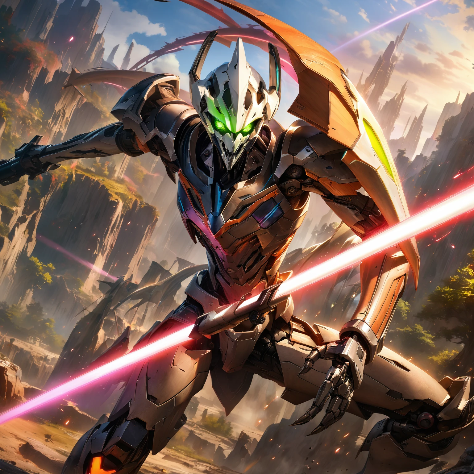 (General Grievous, cyborg, alien, mask, reptilian eyes, slit pupils:1.3), robot science fiction, holding weapon, (four arms with glowing lightsabers:1.2), (attacking, swinging laser swords:1.3), (masterpiece, top quality, best quality, detailed scenery background, official art, beautiful and aesthetic, extremely detailed, best quality, absurdres:1.3), (detailed natural lighting, depth of field:1.3) (hyperrealistic:1.5), vivid 16k colorful hdr, highest detailed