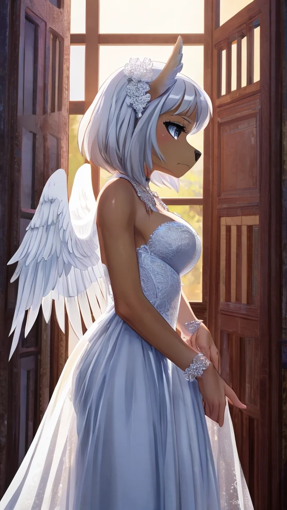 Skye from Paw Patrol, female cockapoo, anthro, mature adult, white hair, grey eyes, white wedding dress, angel, angel wings, standing, emotionless, side view, detailed, solo, beautiful, high quality, anime, 4K