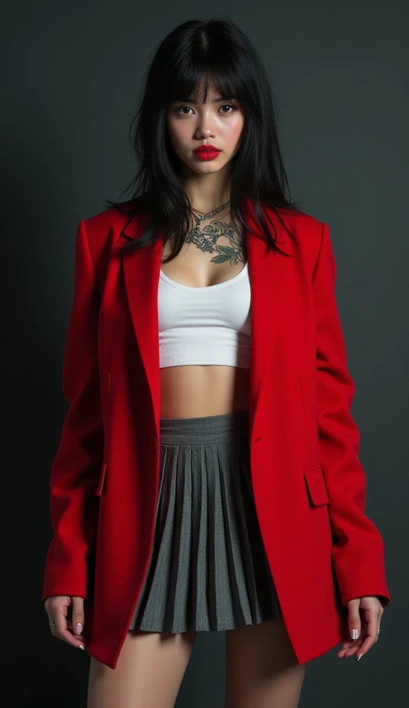 1 girl, Red blazer set,  White crop top with extended sleeves,  Gray pleated skirt  , tattoo, Full body image , tattoos , sofa, Darkroom background