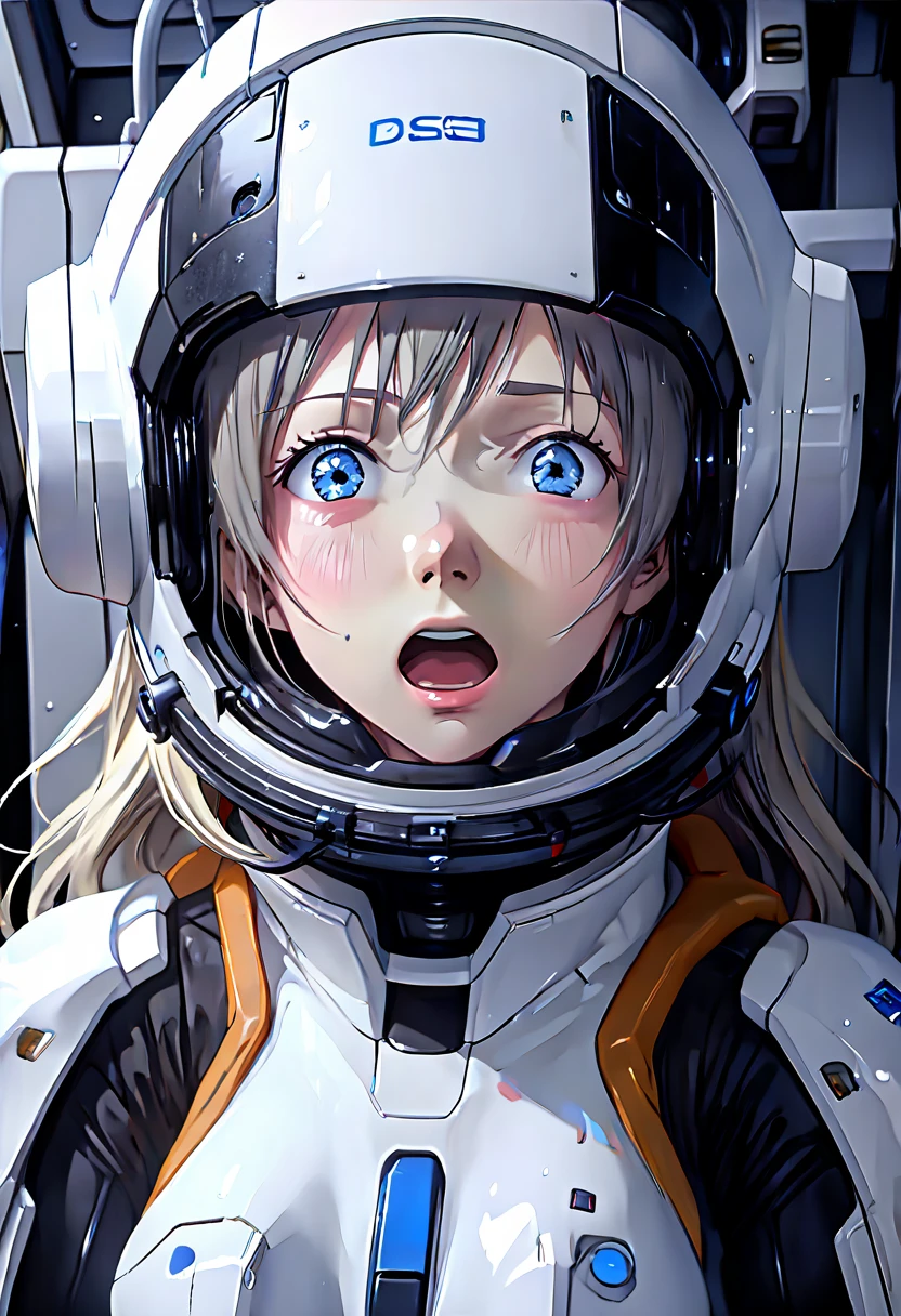 (very detailedな目と顔),blue eyes, small breasts,　 soaked,  clothes,Mech Suit, black inner,SF,weating from the pleasure, ((((expression just before climax))))((eyes open)), (can't control the pleasure), sweaty, (whole body is drenched in sweat), An uncontrollable expression, (Opening mouth wide), (screaming),
