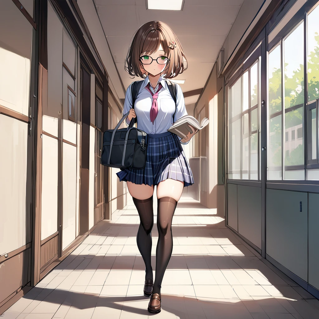 1girl,brown hair,green eyes,maekawa miku,glasses,brown hair,thighhighs,school uniform,green eyes,1girl,short hair,hair ornament,bag,school bag,book,skirt,, masterpiece, best quality, walking, full body, in School corridor