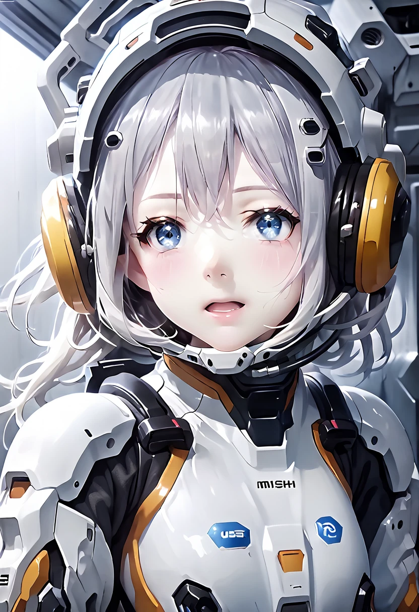 (very detailedな目と顔),blue eyes, small breasts,　 soaked,  clothes,Mech Suit, black inner,SF,weating from the pleasure, ((((expression just before climax))))((eyes open)), (can't control the pleasure), sweaty, (whole body is drenched in sweat), An uncontrollable expression, (Opening mouth wide), (screaming),
