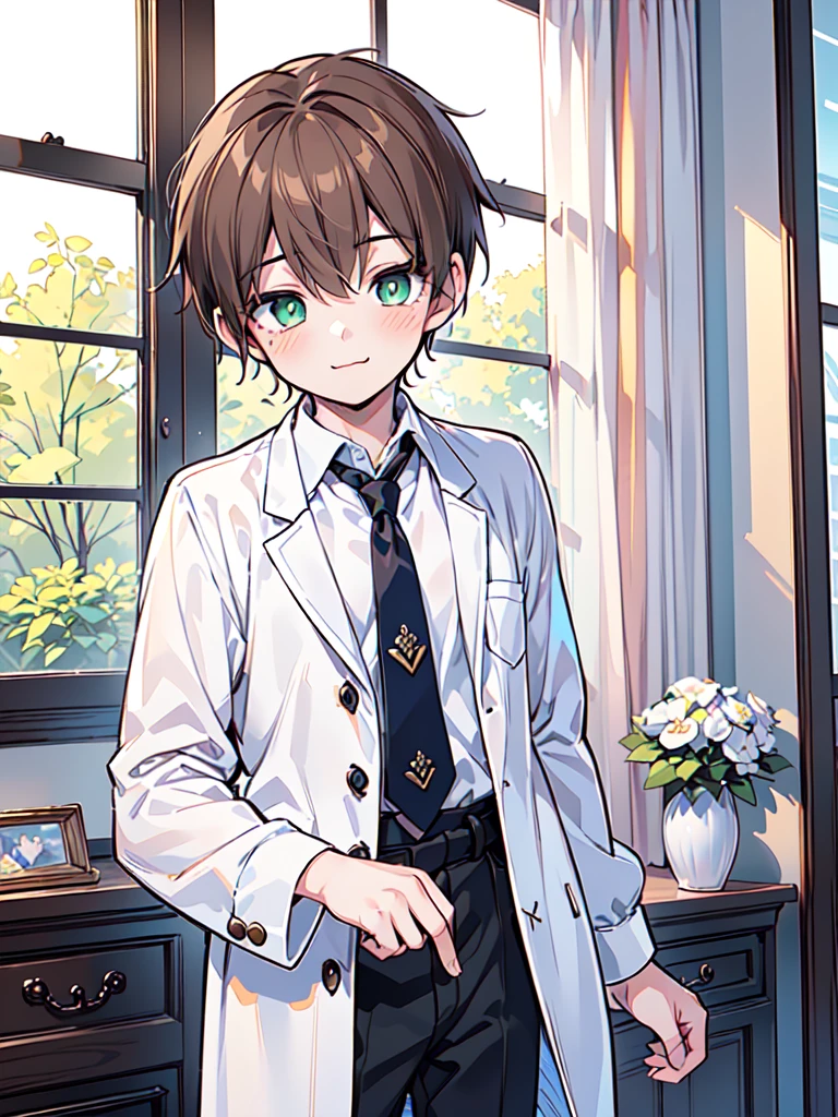 (masterpiece, best quality, ultra-detailed, kawaii, cute, lovely, extremely detailed, 4K, 8K, best quality, beautiful, anime style, Western style),((1boy:2,solo:2)) room,aristocratic costume, royalty, beautiful light brown hair, beautiful green eyes, beautiful eyes, slim, slender, necktie, tie, light smile, ashamed