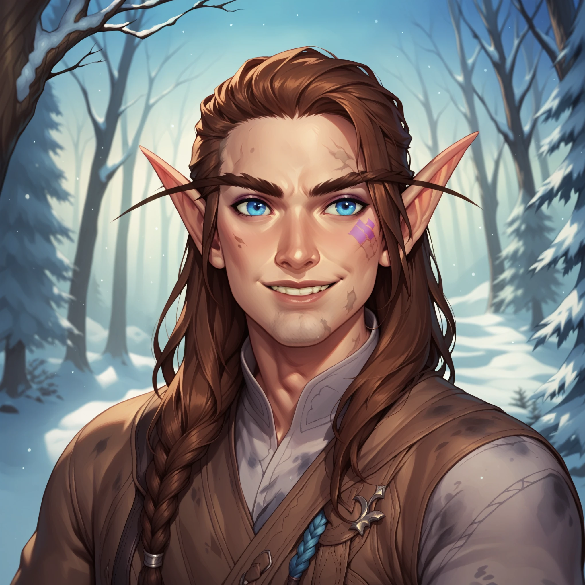 (((beautiful, high quality, comics style, detailed face))), score_9, score_8_up, score_7_up, BREAK, 1man, a bard:1.5, Elf, pointed ears, long eyebrows, long brunette hair, blue eyes, dirty on clothes, colorful patchwork clothes, solo, portrait, upper body, portrait, friendly smile, near to one bonfire, at night, snow forest background, fantasy, (dynamic lighting:1.1) ((masterpiece))