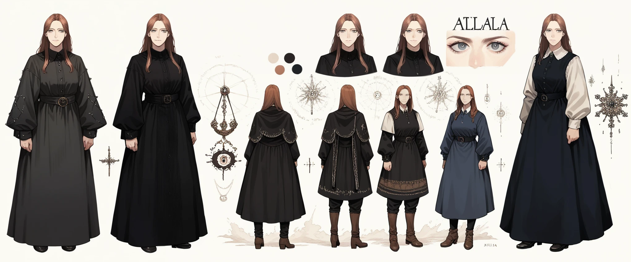 score_9, score_8_up, score_7_up, score_6_up, source_anime, ATLA style, anime 2d, a beautiful woman, medieval witch, wearing a modest black dress, (saoxrnn), reference sheet,white background,simple background,multiple views, upper body, front, from side, color palette reference, high_detailed, captured in high detail, magic particles, multiple references, hyper detailed multiple poses and facial expressions
