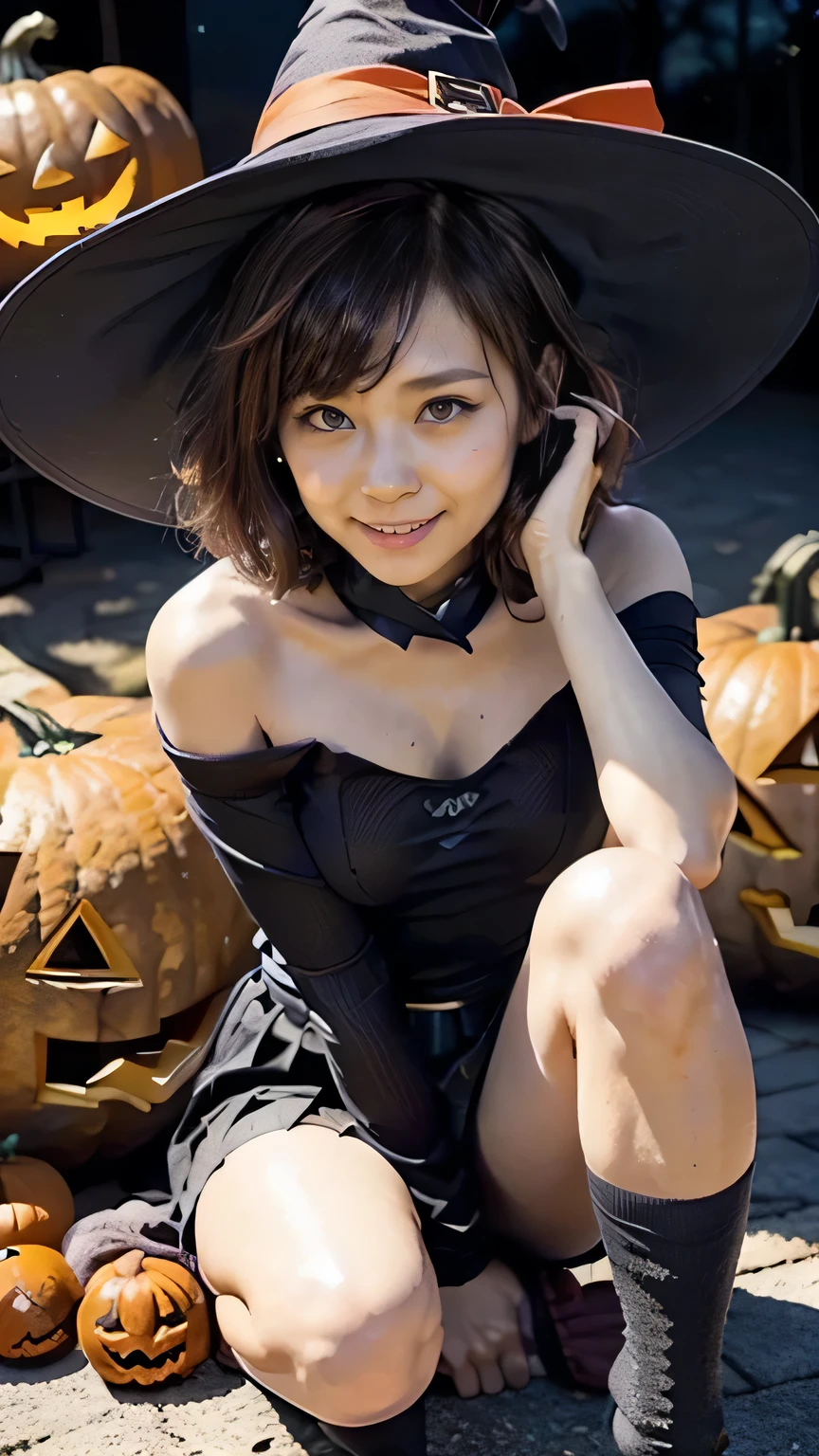  Halloween Night:1.3、(Jump:1.2、Flying in the air、witch、(Squint your eyes and laugh:1.5、 big smile )、 open crotch :1.5、 Open legs、 detailed panties)、(( Halloween Cosplay 、Black pointed hat、witch costume、 pleated skirt:1.2、 Over Knee High Socks:1.5))、( viewed from below)、(Realistic、 as in the picture 、live-action、8k, Realistic, RAW photo, Highest quality: 1.4),  SLR camera 、RAW photo, Best Quality, Realistic,  Highly Detailed CG Unity 8k Wallpaper,  written boundary depth, Cinematic Light,  lens flare ,  ray tracing, Realistic background、(( super dense skin ))、 after school、(whole body:1.5)、( short hair:1.2、  Hair Blown in the Wind :1.4)、i like that style、 stylish 、 very detailed、  details that are exposed above the knee 、Perfect outfit、( tanned skin)、Accurate hands、Accurate legs、 Detailed hands and fingers 、  anatomically correct body  、Thin legs、 thin thighs、 small breasts、 very detailedな顔