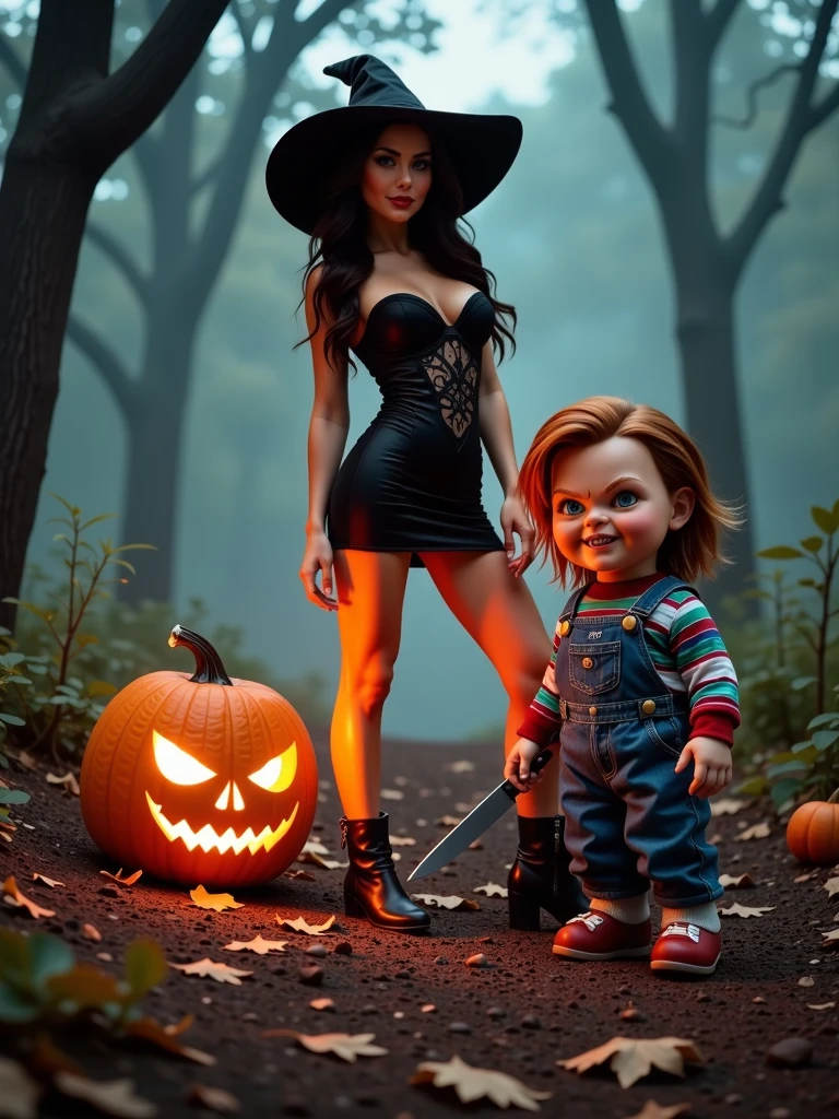 A spooky Halloween scene in a mysterious forest at night, with fog creeping across the ground and dark, twisted trees in the background. Influencer Kelly, a 25-year-old young woman, has brown and smooth skin, long and wavy dark brown hair, stunning green eyes and an athletic physique, toned and with some volume, average height of 1.70, medium breasts and defined hips and large buttocks , strong legs and defined abdomen, is in the center, with long dark brown wavy hair, wearing an elegant and sensual witch costume: a tight black dress with lace details, a pointed witch hat and leather boots. Kelly strikes a confident, powerful pose, her piercing green eyes looking straight ahead. Next to her is the iconic Chucky doll, with a mischievous smile, messy red hair and his classic denim overalls and striped shirt. Chucky holds a knife in his hand, but stands in a way that seems more mysterious and disturbing than overtly threatening. Near them, a large carved pumpkin with a sinister face glows with a strange orange light, illuminating the scene. Shadows envelop the environment, with dry leaves scattered across the ground, and a feeling of suspense fills the air, in close-up