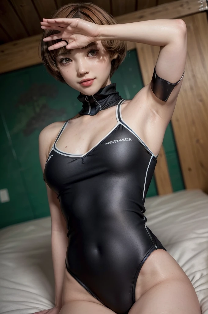 (masterpiece,beautiful,最  high quality,Super detailed,Exquisite,  very detailed,  high quality,  very detailed,hughres,4K,8k:1.5)，NSFW，(persona4:1.5)，( Satonaka Chie:1.5)，(smile:1.5)，((( short bob,Brown Hair:1.5)))，(bedroom:1.5)，((Steam，Steaming:1.3))，(((脇の皺， shows armpits，Armpit:1.3)))，((School Swimsuit,ALL-black competitive swimsuit ,leotard:1.3)), 