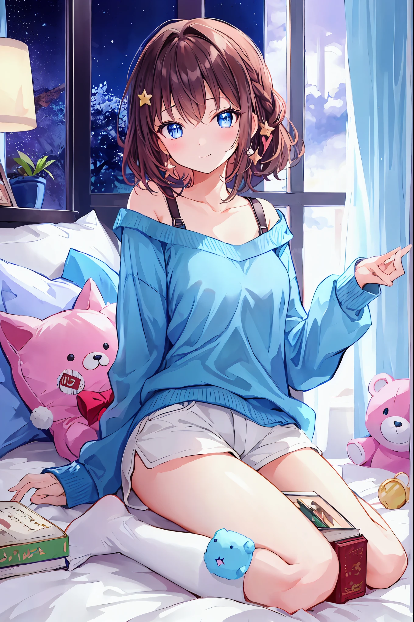  one girl playing pranks, Alone, Brown Hair， shortcuts，My hair is messy， Short braided hair ，Neat，Slender beauty，Dignified posture，Small breasts， beautiful legs with tails，魅惑的なグレーブルーの目はstarのように輝いている， bright color, beautiful eyes,A delicate smile, Wrinkled Skin ,The best品質、The best,  gentle and beautiful woman  , anime style,  Long Sleeve ,  at dawn, null,  shorts, barefoot, cloud, indoor, pillow, books, barefoot, Bed with window ,  Knight ,  on the bed,  plush, moon,  plush, curtain, star (null),  Knight  null, mechanical, starry null, bubble, teddy bear, pajamas, clock, books, lamp, bedroom, crescent moon, ,