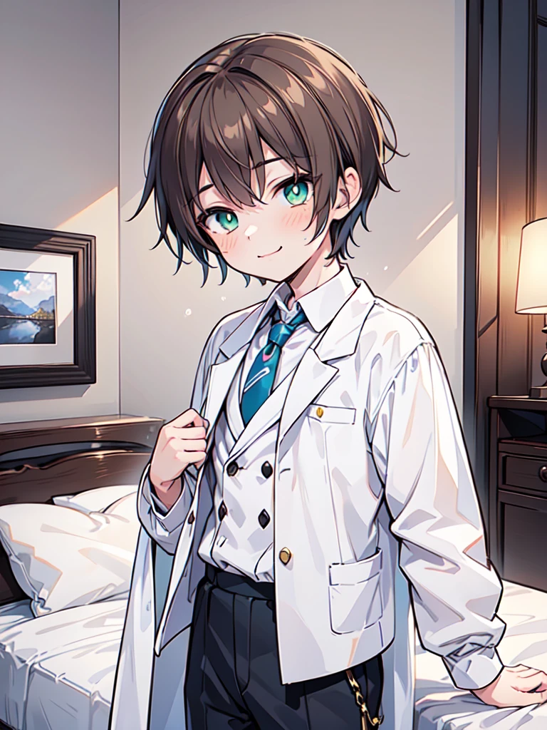 (masterpiece, best quality, ultra-detailed, kawaii, cute, lovely, extremely detailed, 4K, 8K, best quality, beautiful, anime style, Western style),((1boy:2,solo:2)) (room,aristocratic costume:1.6, royalty:1.4), beautiful light brown hair, beautiful green eyes, beautiful eyes, slim, slender, necktie, tie, light smile, ashamed