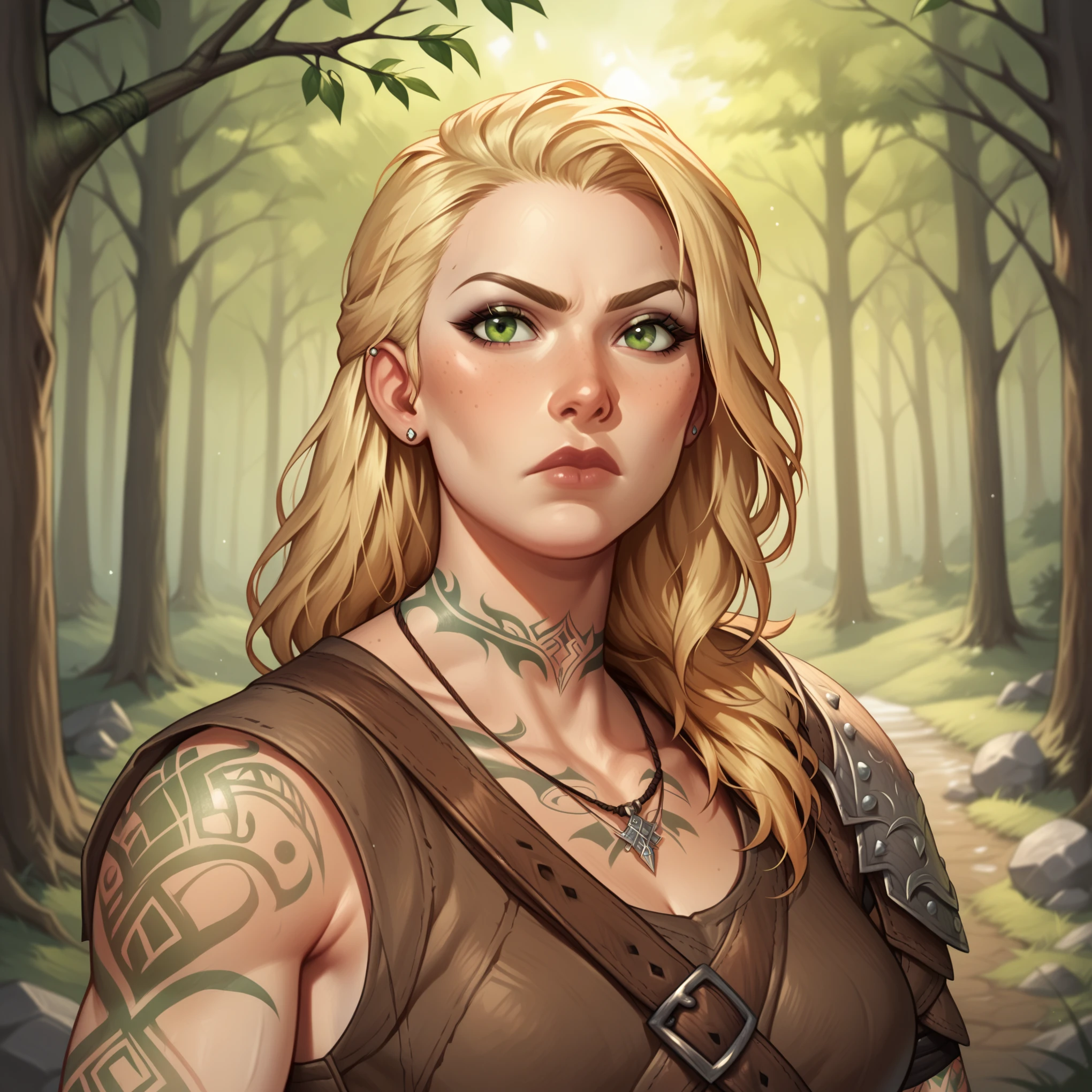 (((beautiful, high quality, comics style, detailed face))), score_9, score_8_up, score_7_up, BREAK, 1woman, tall, slender, short straw blonde hair:1.2, green tattoos, tentacles tattoos, neck tattoos, viking, scale mail armor, has a wooden shield and a spear, solo, portrait, upper body, portrait, serious expression, at night, snow forest background, fantasy, (dynamic lighting:1.1) ((masterpiece))