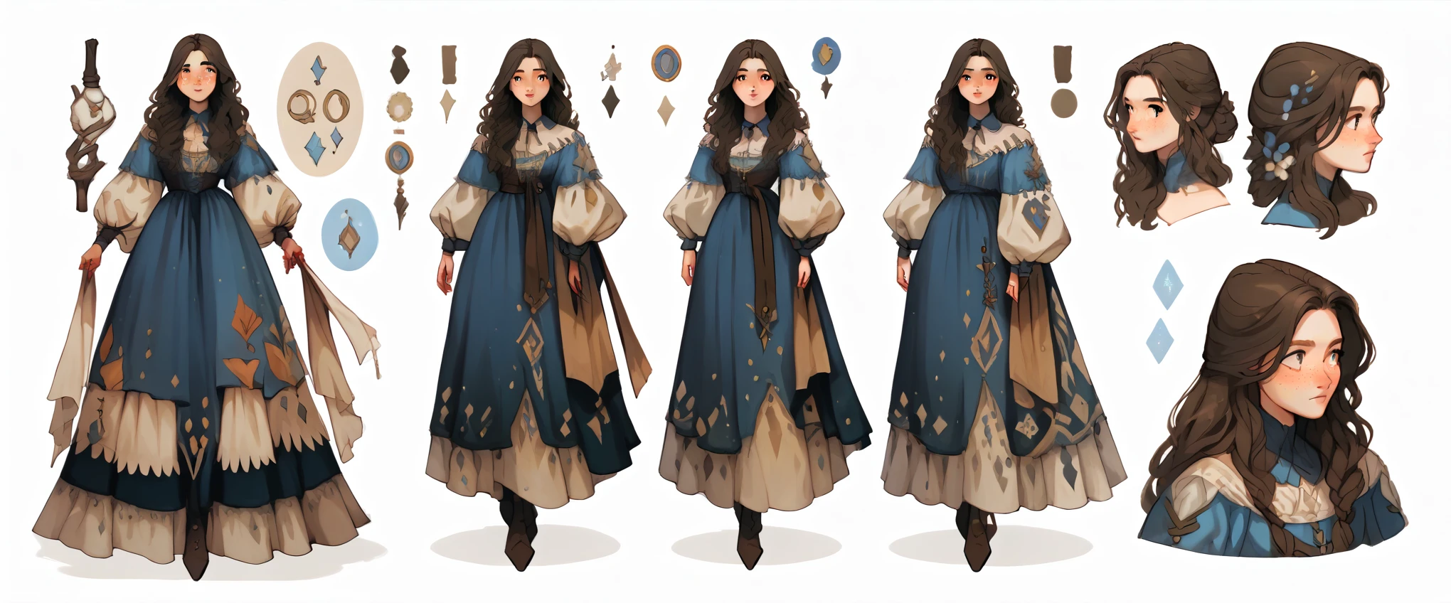 score_9, score_8_up, reference sheet, a medieval young woman with long brown, wearing a long medieval blue dress with long white sleeves, freckles, simple white background, dynamic pose, sexy, reference sheet, (full body, from side, front:1.1), upper body, cartoon, CharacterDesignXL 