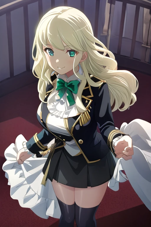 ((Best Quality)), ((masterpiece)), (  Details),   1 girl, Light Blonde,  emerald green_eye, Long Hair, smile,  blanking, Big Breasts, White-eye McQueen ,  ,  standing ,  frills,  black jacket,  bow tie,  long sleeve ,  Black Skirt 