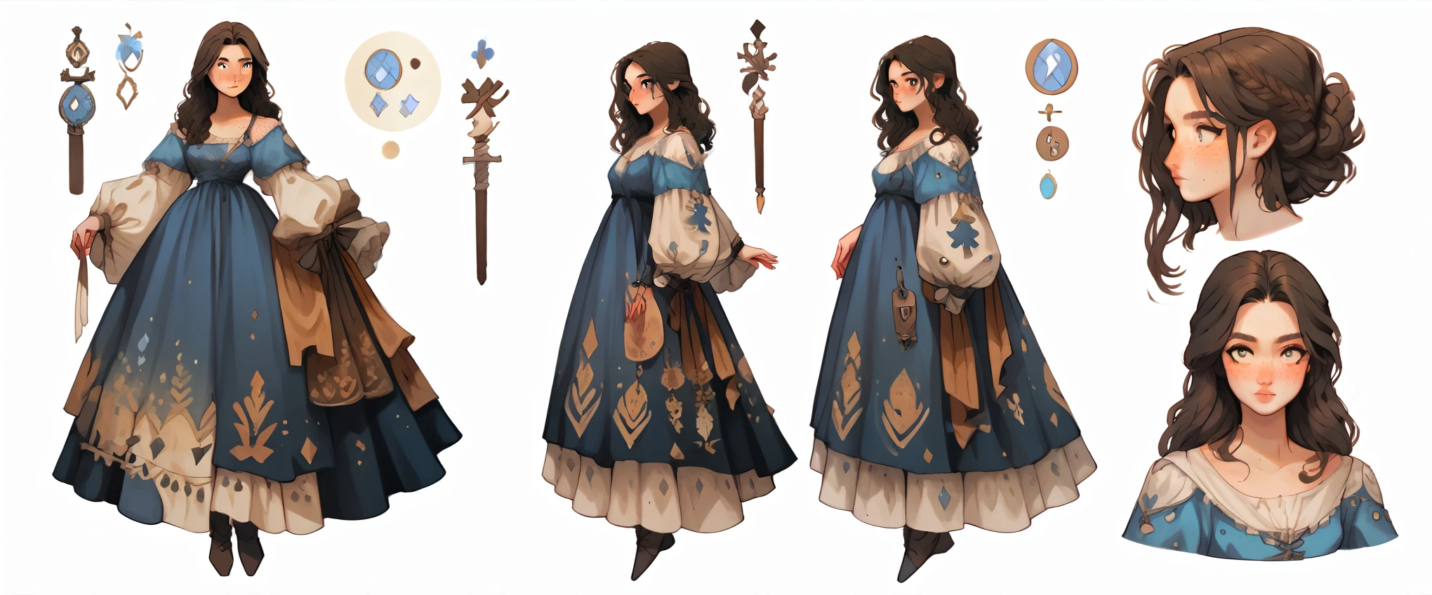 score_9, score_8_up, reference sheet, a medieval young woman with long brown, wearing a long medieval blue dress with long white sleeves, freckles, simple white background, dynamic pose, sexy, reference sheet, (full body, from side, front:1.1), upper body, cartoon, CharacterDesignXL 