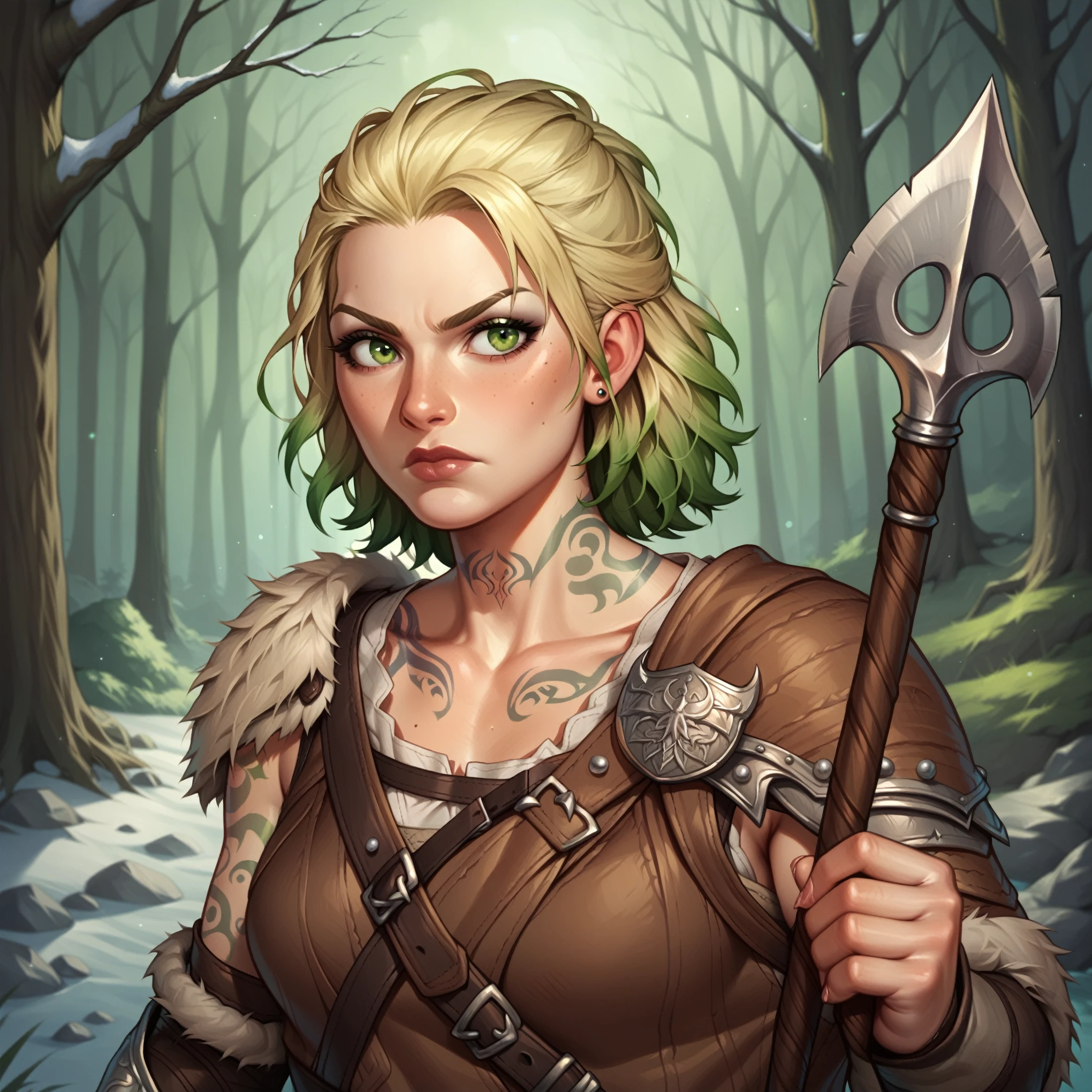 (((beautiful, high quality, comics style, detailed face))), score_9, score_8_up, score_7_up, BREAK, 1woman, tall, slender, short straw blonde hair:1.2, green tattoos, tentacles tattoos, neck tattoos, viking, scale mail armor, has a wooden shield and a spear, solo, portrait, upper body, portrait, serious expression, at night, snow forest background, fantasy, (dynamic lighting:1.1) ((masterpiece))